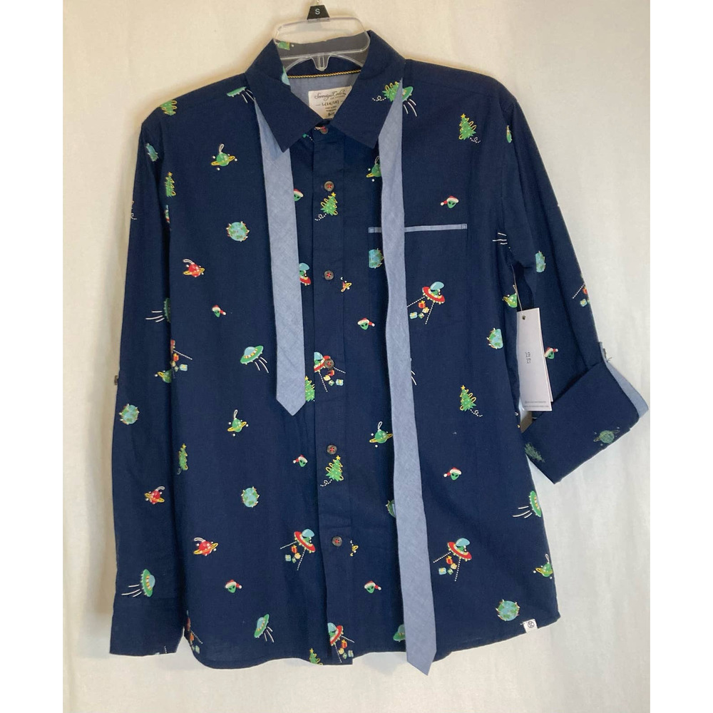 Sovereign Code Boys‎ L Long Sleeve Button Up Shirt UFO Navy Tie Holiday Space